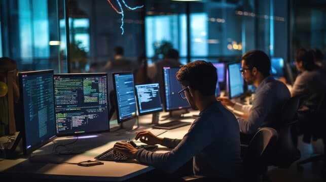Black IT engineers collaborating around server monitoring dashboards
